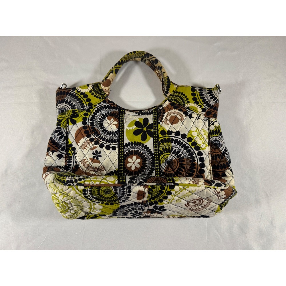 Vera Bradley Night Owl Quilted Cotton Tote Bag Green Brown Floral Shoulder Bag